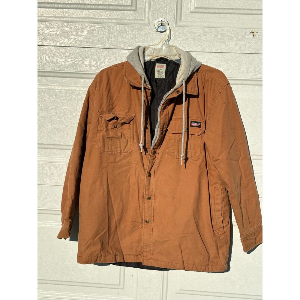 Genuine Dickies Mens L Hooded Chore Coat Brown Canvas Quilted Workwear Jacket